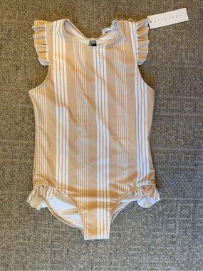 NWT Minnow Girls Rashguard One-Piece Swimsuit in Beige Stripe 11/12